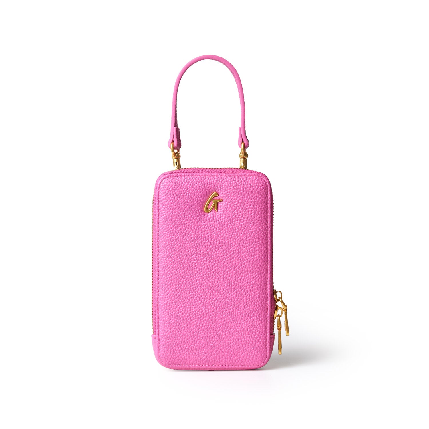 Pink Pebble Phone Crossbody bag with gold hardware and a top handle, designed for carrying a phone and small essentials.