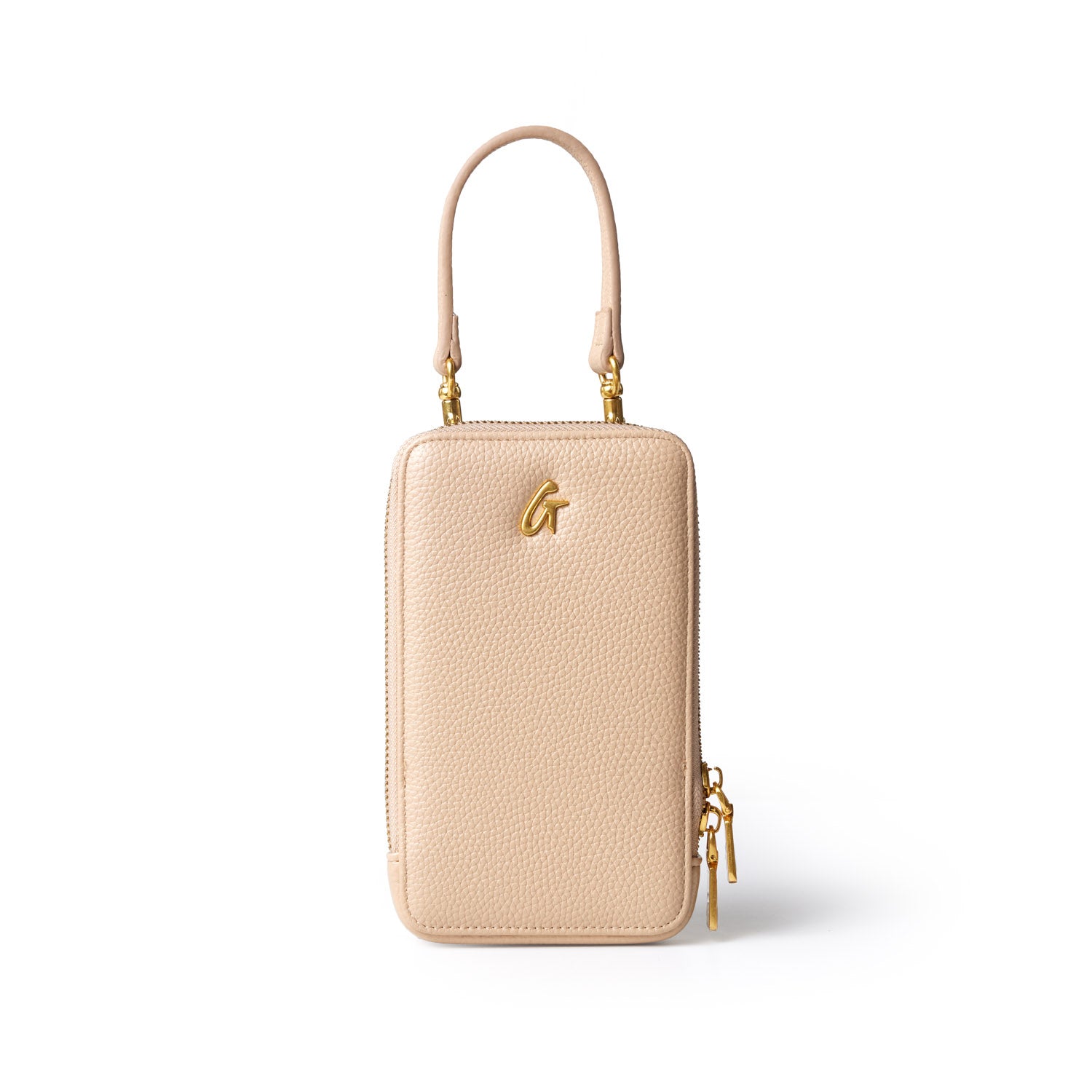 Nude Pebble Phone Crossbody bag with gold hardware, a top handle, and a zippered closure, designed for stylish convenience.