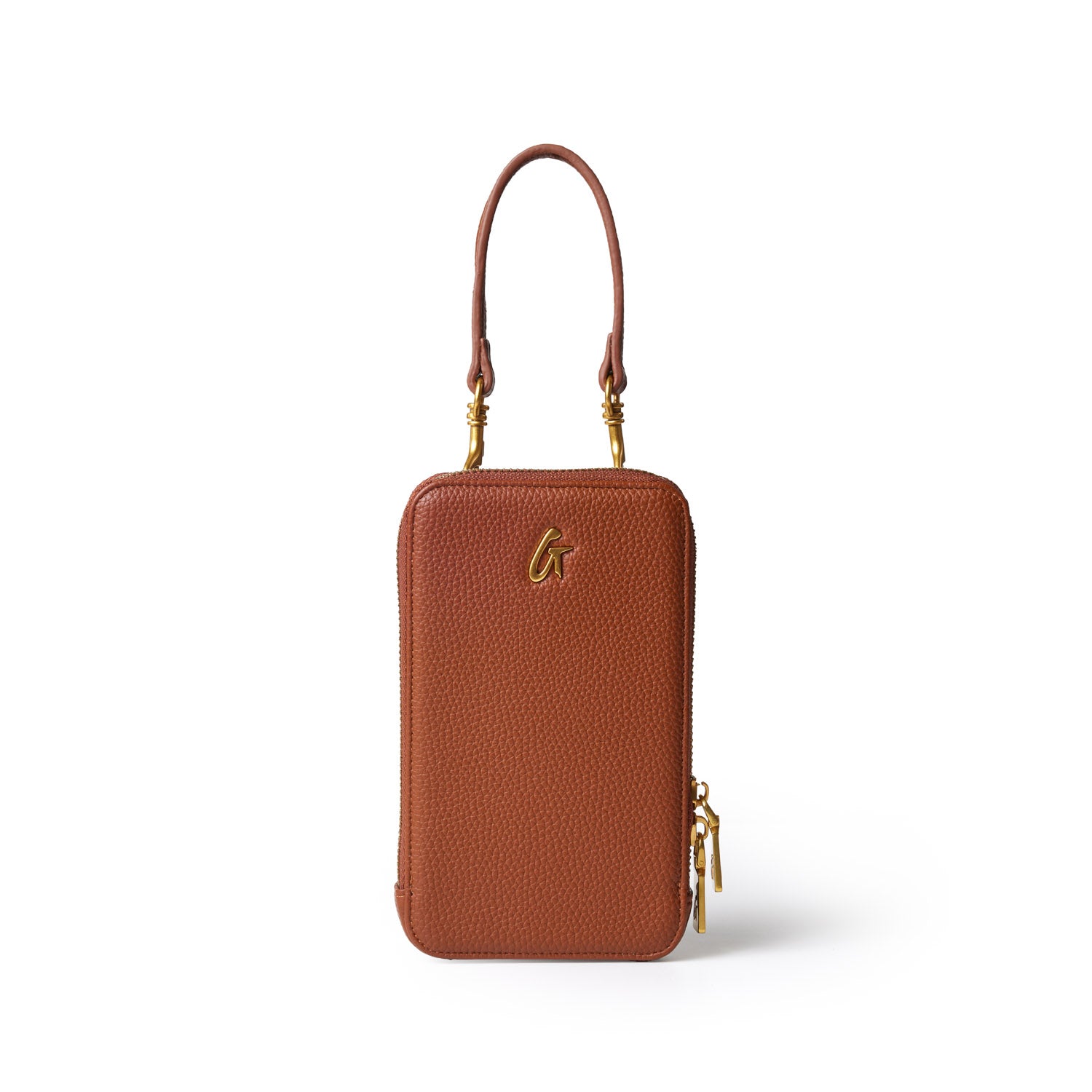 Brown Pebble Phone Crossbody bag with a gold "G" logo, zipper closure, and adjustable strap.