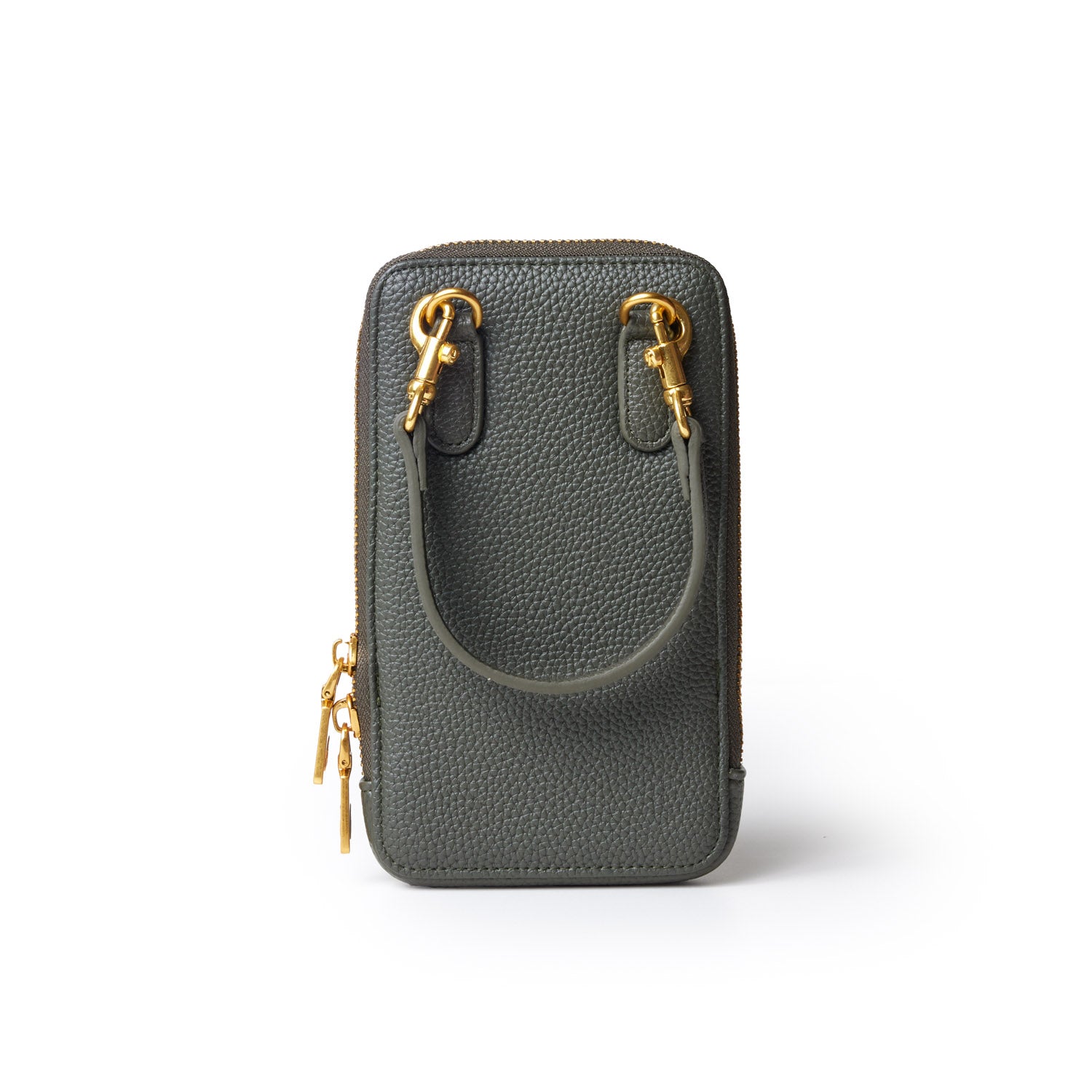 Olive green Pebble Phone Crossbody bag with gold hardware, textured leather, and a detachable strap.