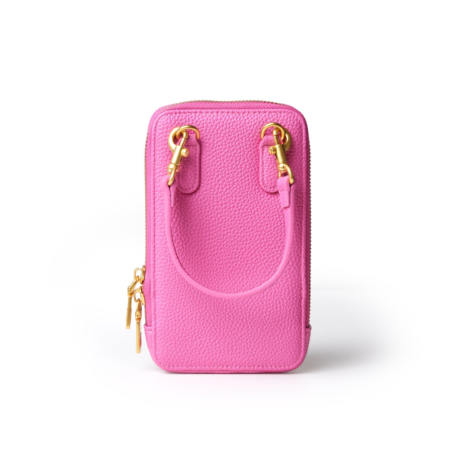 Pink pebble-textured crossbody phone bag with gold hardware and a detachable strap.