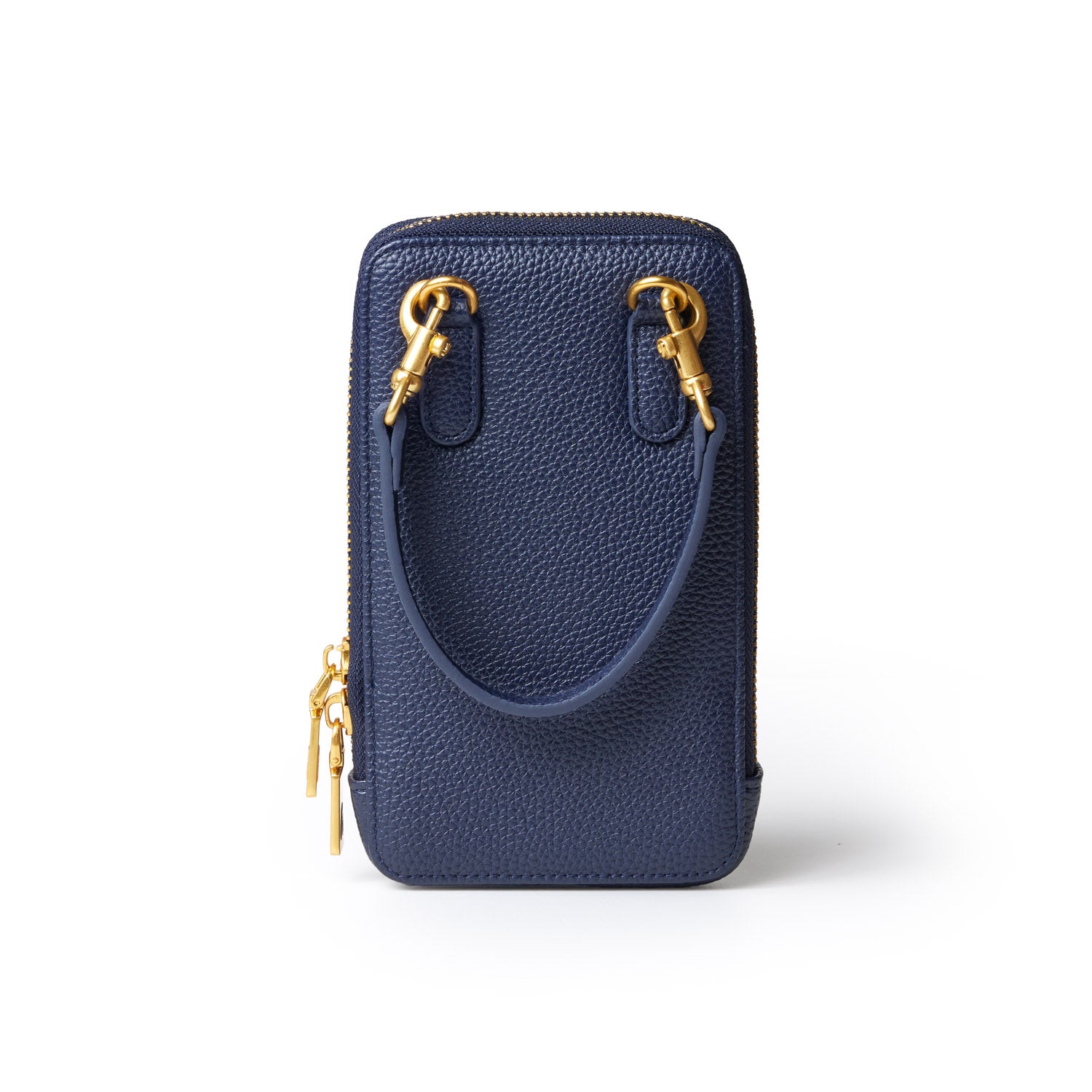 Navy Pebble Phone Crossbody bag with gold hardware, zipper closure, and a detachable strap on a white background.