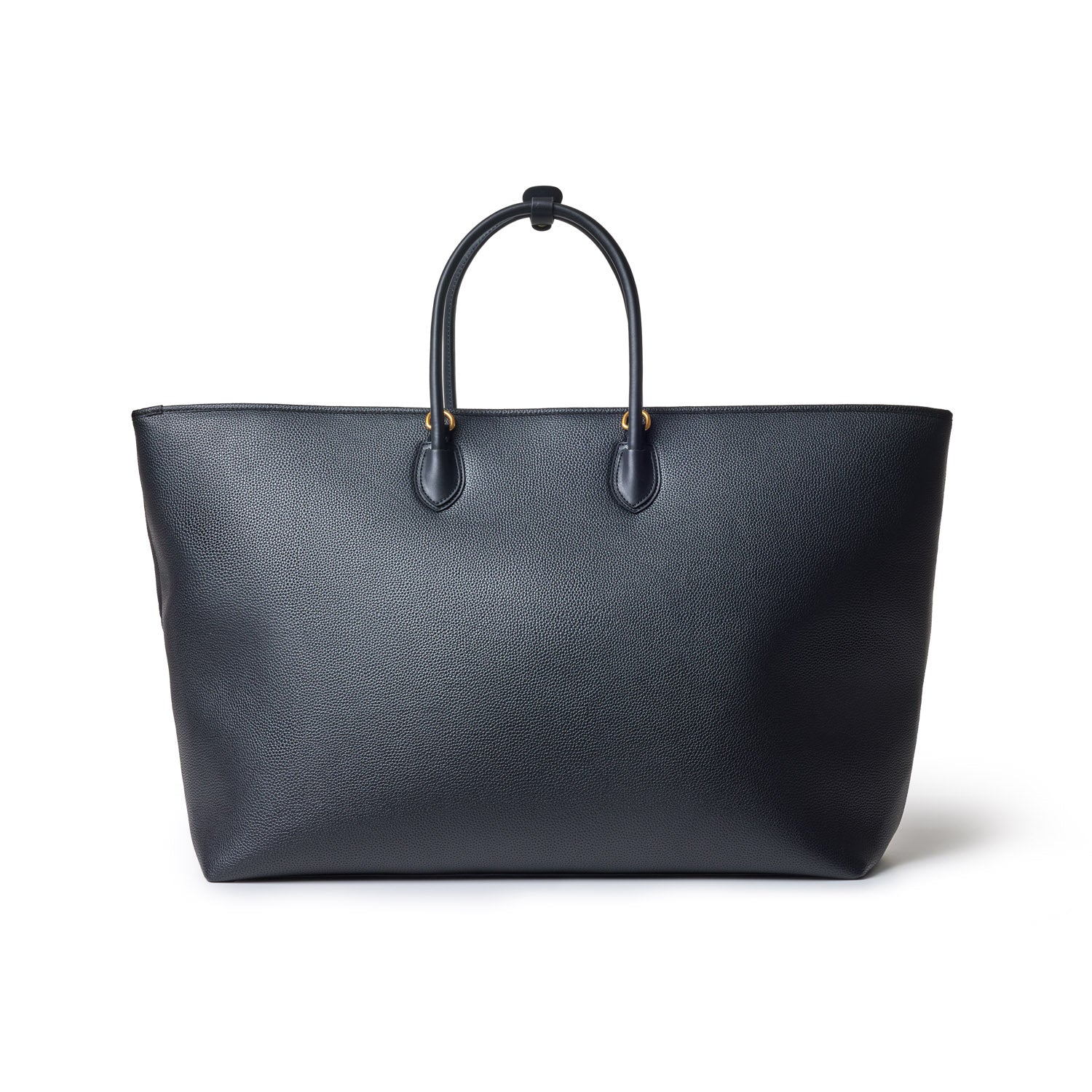 Black jumbo pebble tote bag with rounded handles and gold accents, made of textured leather.