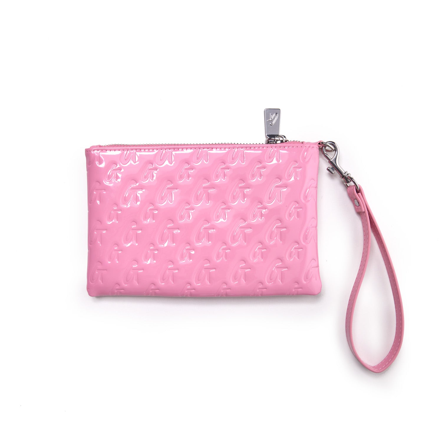 Mini monogram silver wristlet in mirror pink with embossed logo pattern and a matching pink wrist strap.