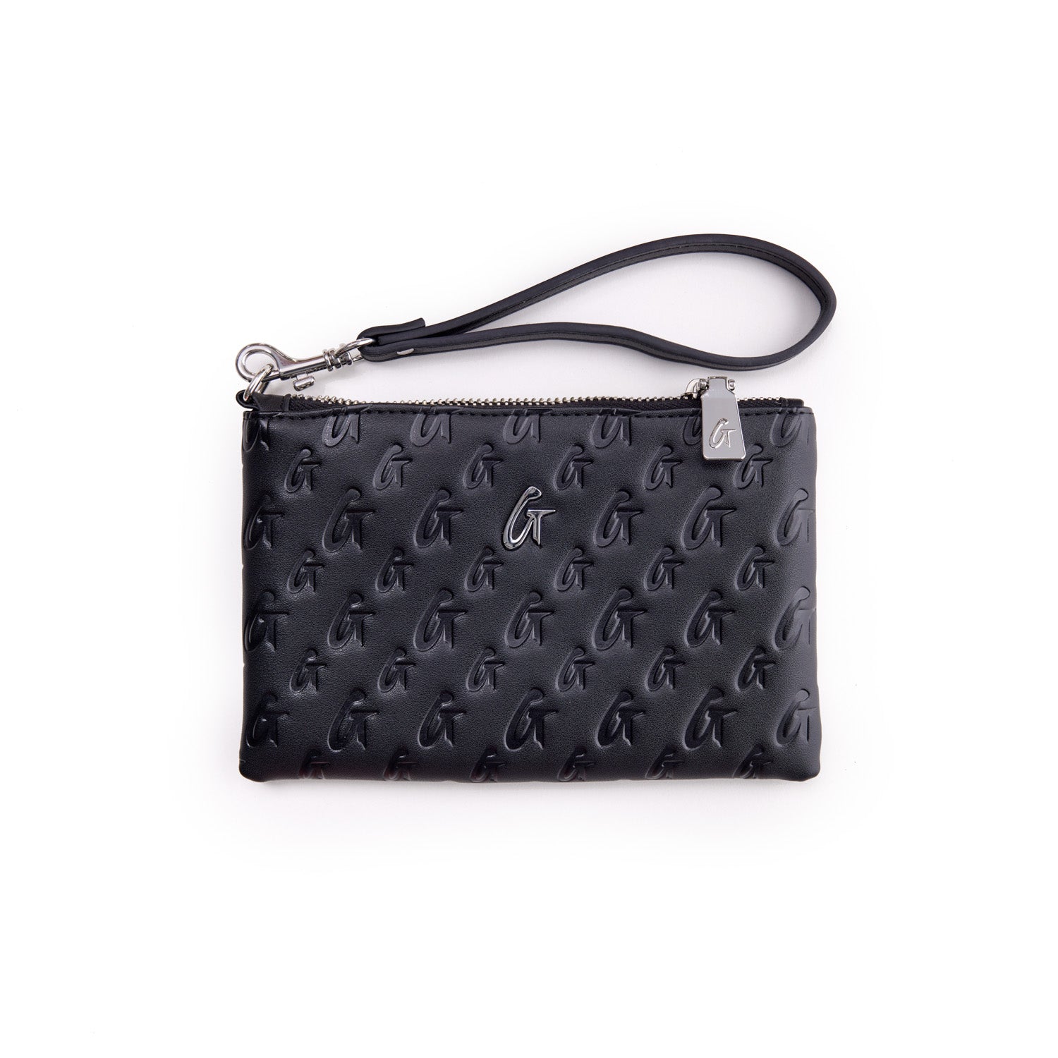 Black mini monogram silver wristlet with embossed logo pattern, silver hardware, and detachable strap.