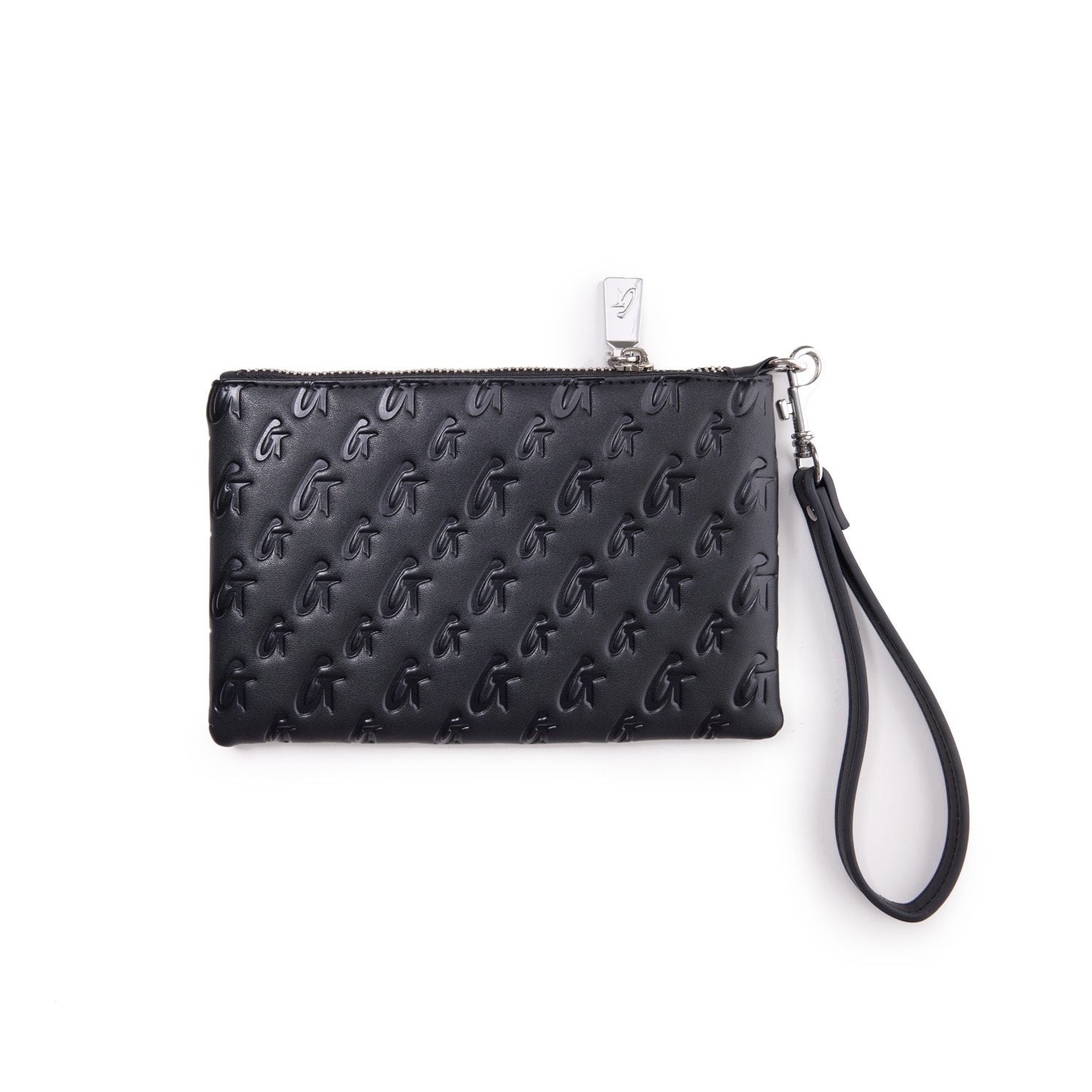 Black mini monogram silver wristlet with embossed logo pattern and a wrist strap, featuring a silver zipper and pull tab.
