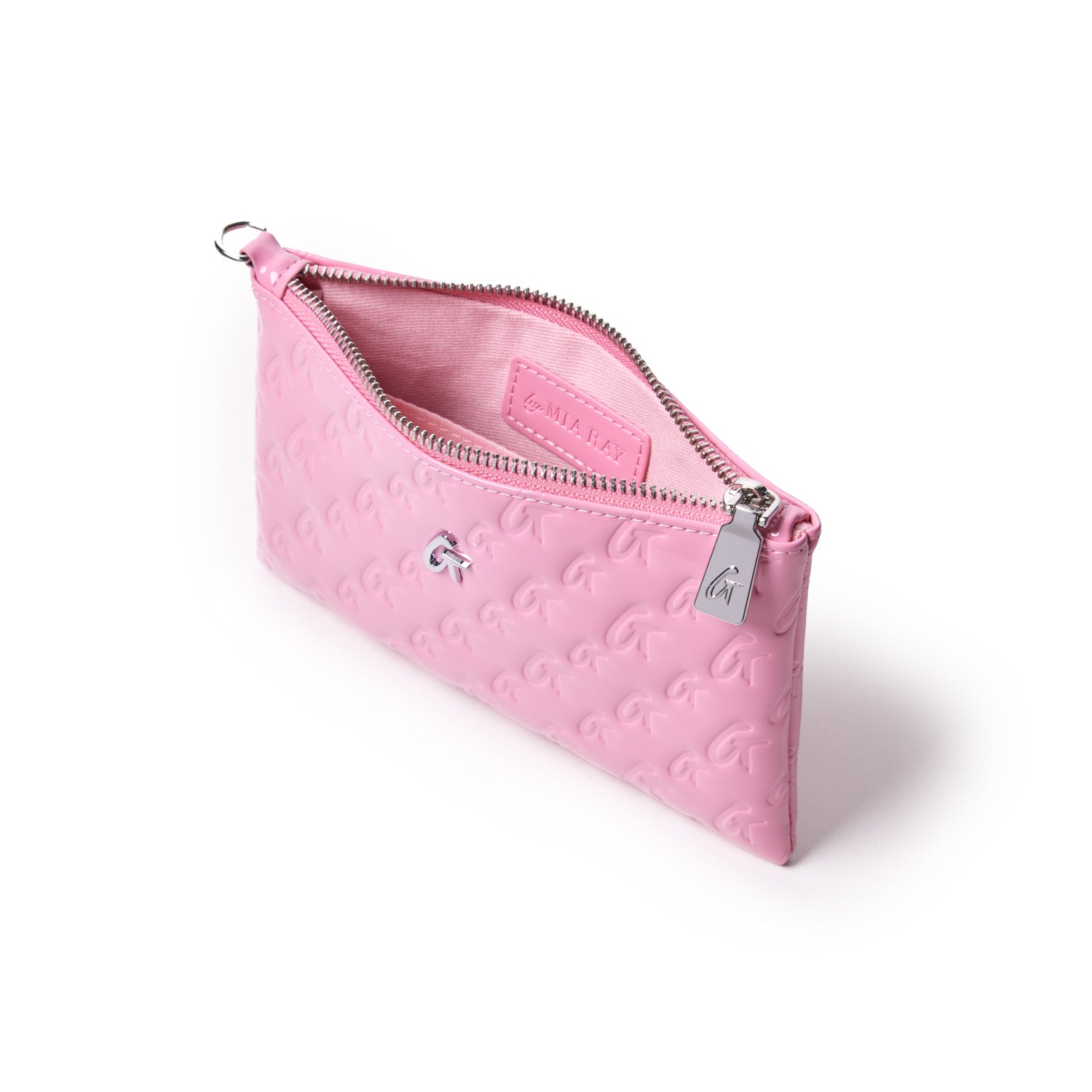 Mini Monogram silver wristlet in mirror pink with embossed G pattern, silver zipper, and logo charm.