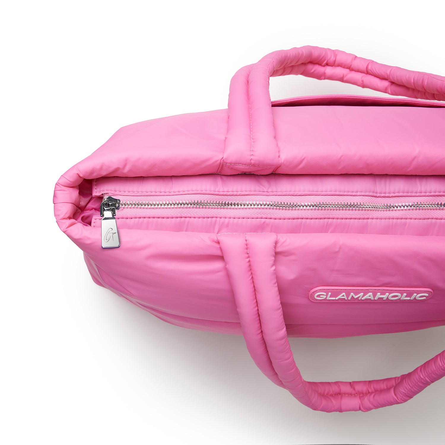 Hot pink athletic nylon tote bag featuring a zippered closure and padded handles for comfort and style.
