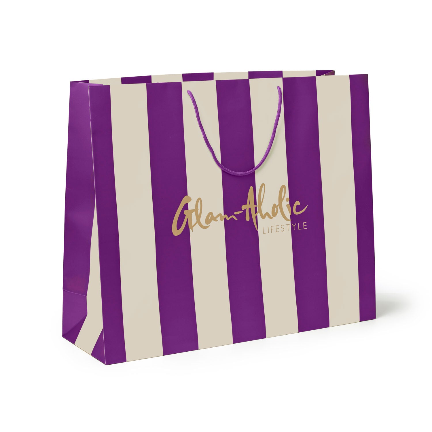 Large purple and cream striped gift bag with Glam-Aholic Lifestyle logo, perfect for stylish gifting.