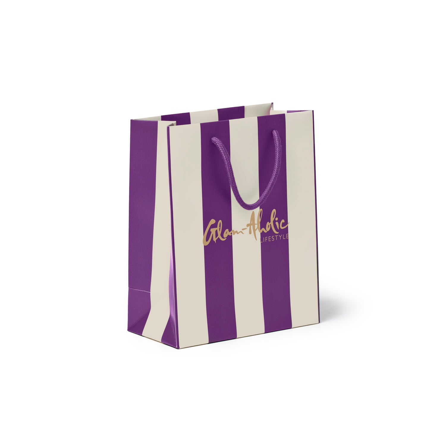 Purple and cream striped gift bag with Glam-Aholic Lifestyle logo, perfect for stylish gifting.