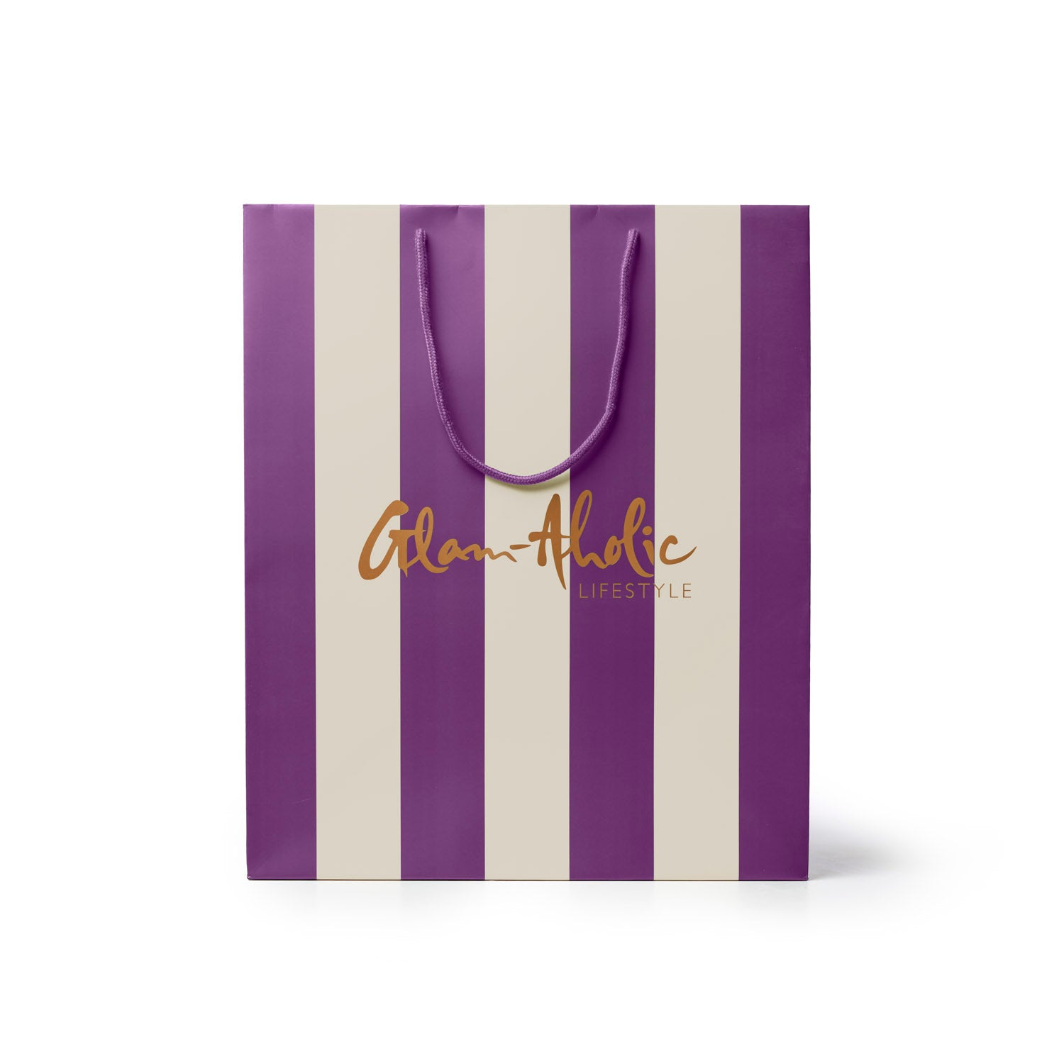 Purple and cream striped gift bag featuring the Glam-Aholic Lifestyle logo, perfect for stylish gifting.