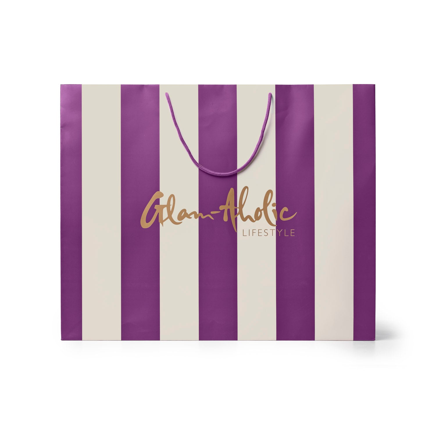 Large purple and cream striped gift bag featuring the Glam-Aholic Lifestyle logo in gold. Perfect for stylish gifting.