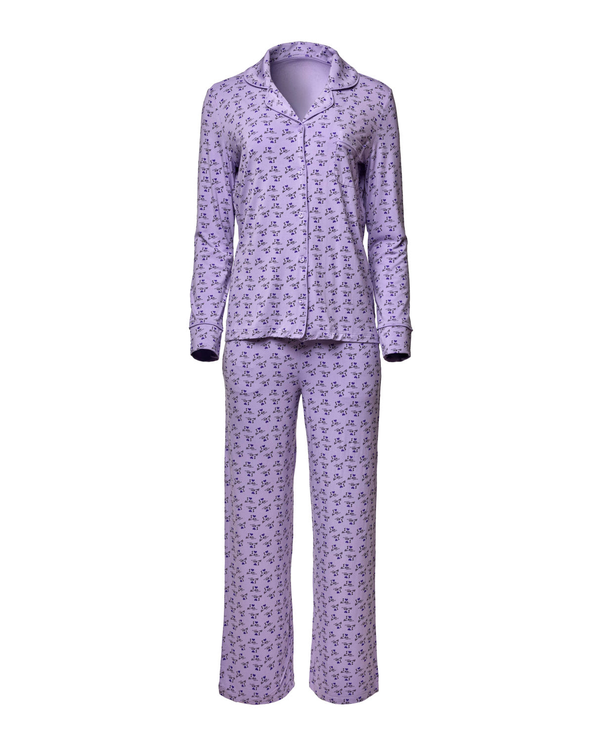 Purple long pajamas featuring a playful "I Love Gal" print, perfect for cozy nights and stylish lounging.