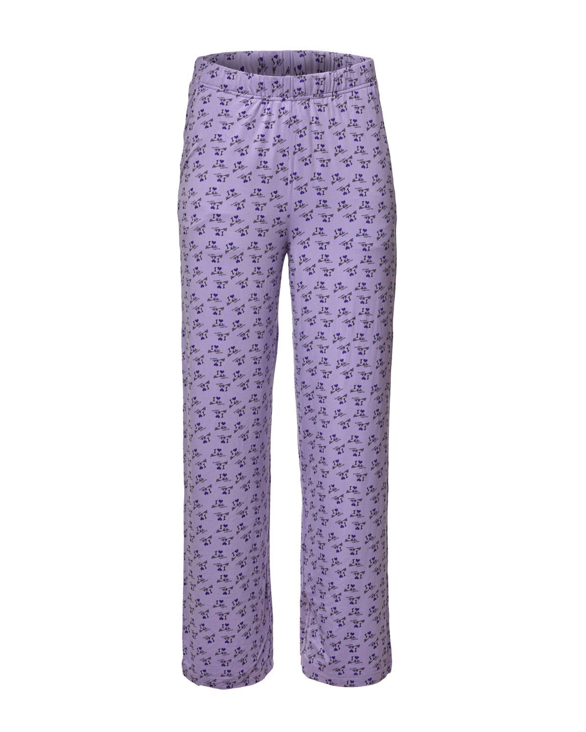 Purple pajama pants featuring a playful "I Love Gal" print, designed for comfort and stylish lounging.
