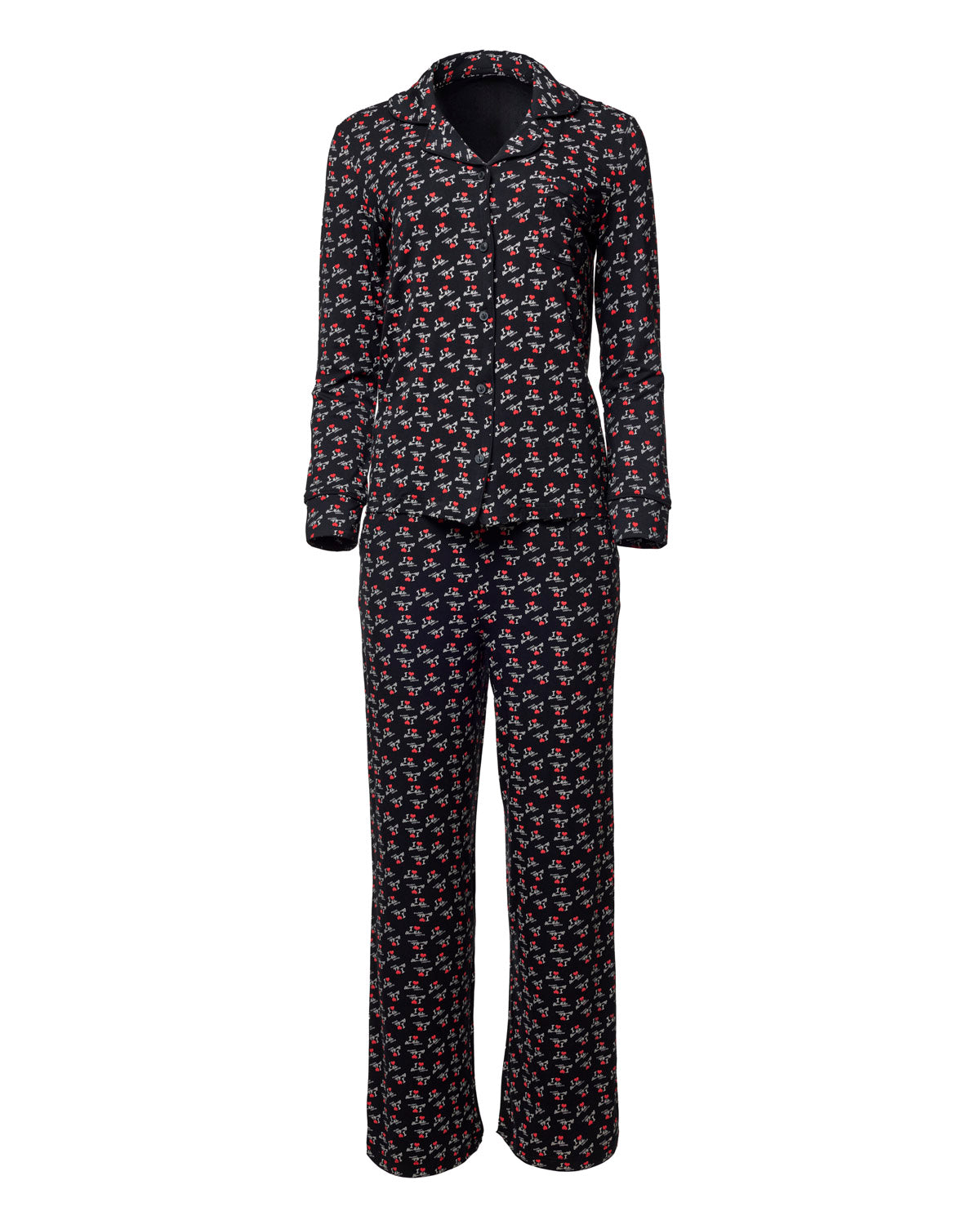Black long pajamas featuring a playful "I Love Gal" print, perfect for cozy nights and stylish lounging.