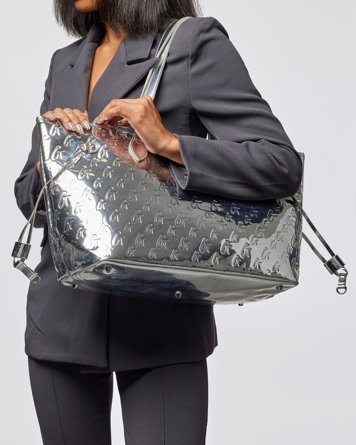 MONOGRAM GLAM TOTE WITH WRISTLET - METALLIC SILVER