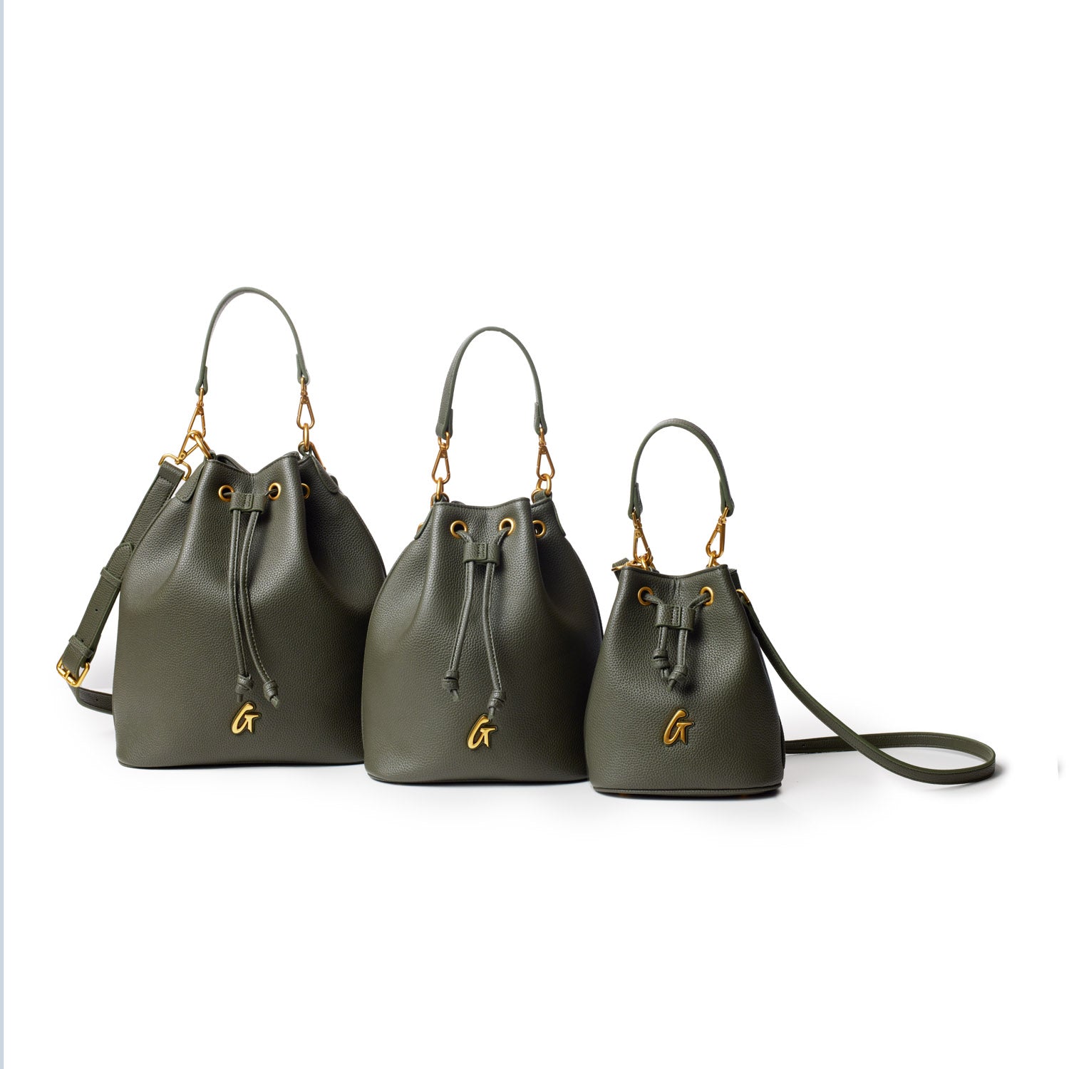 Three olive green large pebble bucket bags with gold accents, drawstring closure, and adjustable straps, displayed on a white background.