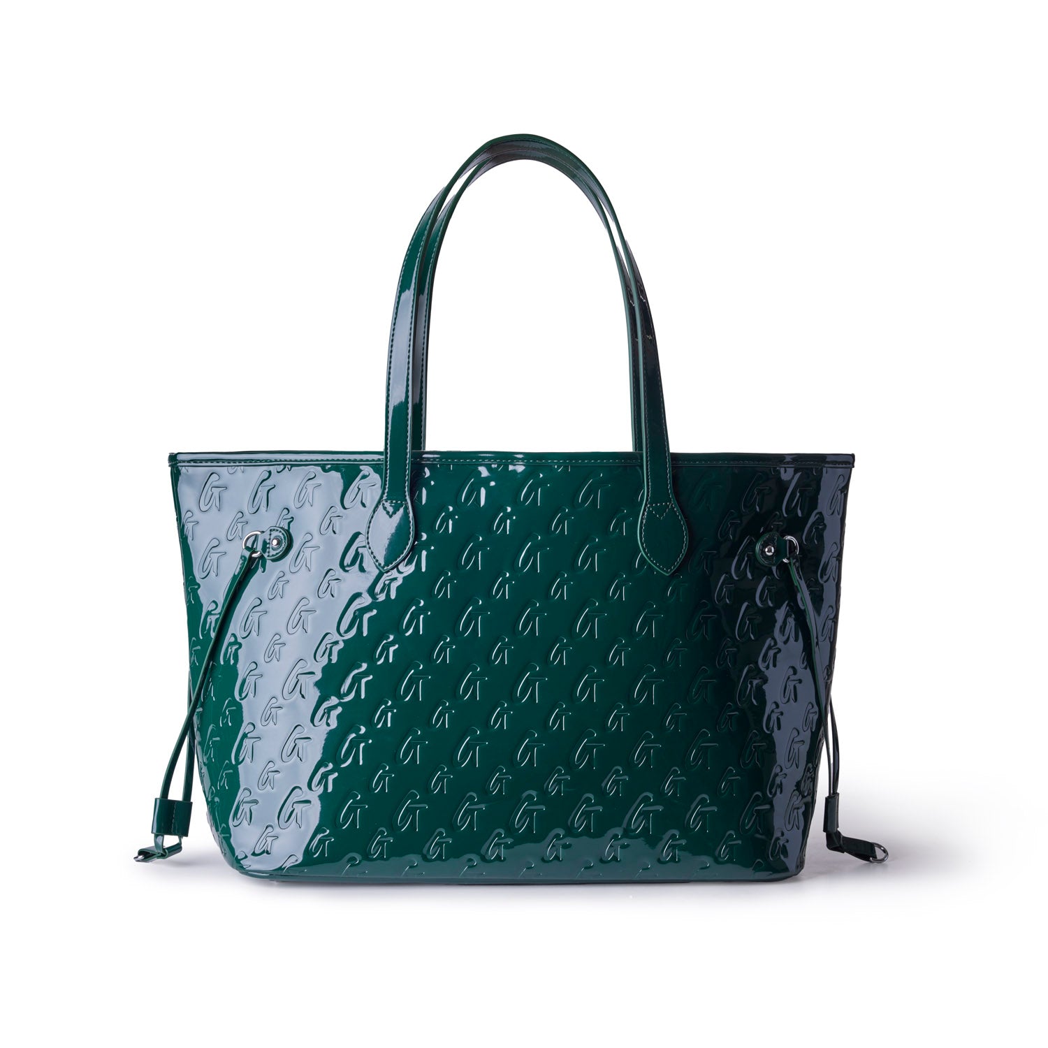 Mirror green monogram glam tote with wristlet, featuring a sleek design and shiny finish, perfect for stylish outings.