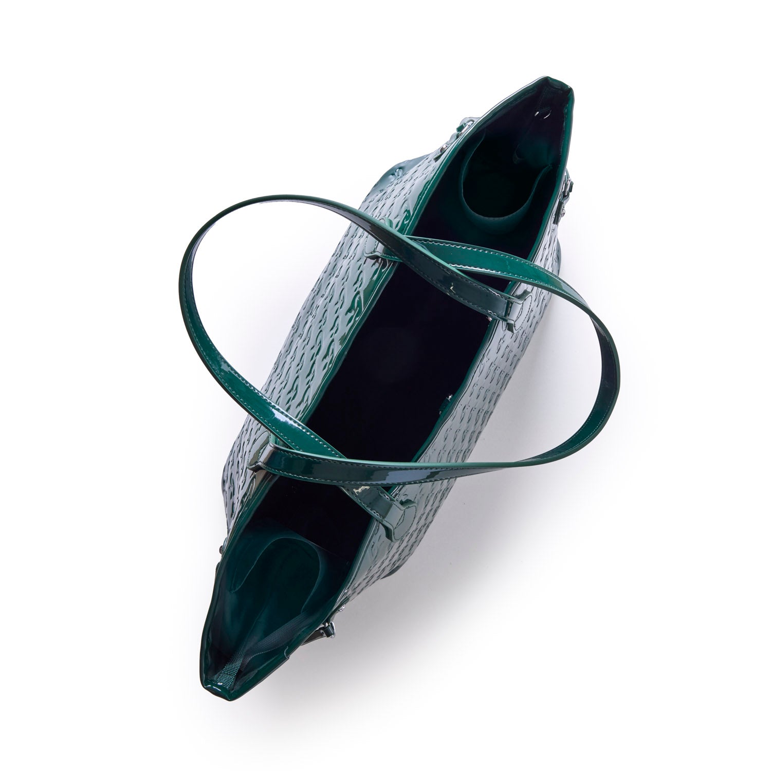 Mirror green monogram glam tote with wristlet, featuring a spacious interior and stylish shoulder straps.