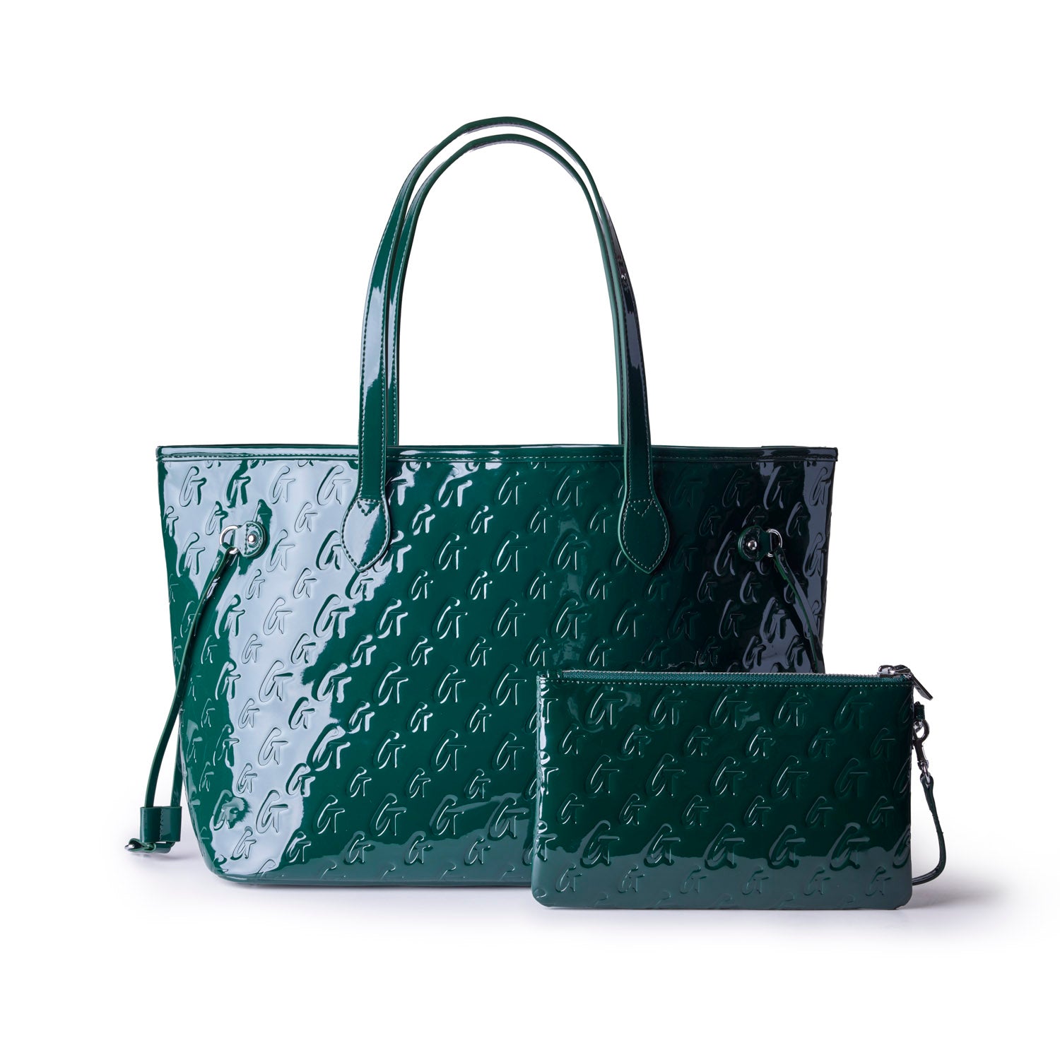 Monogram travel set in mirror green featuring a spacious tote and a matching pouch for stylish organization.