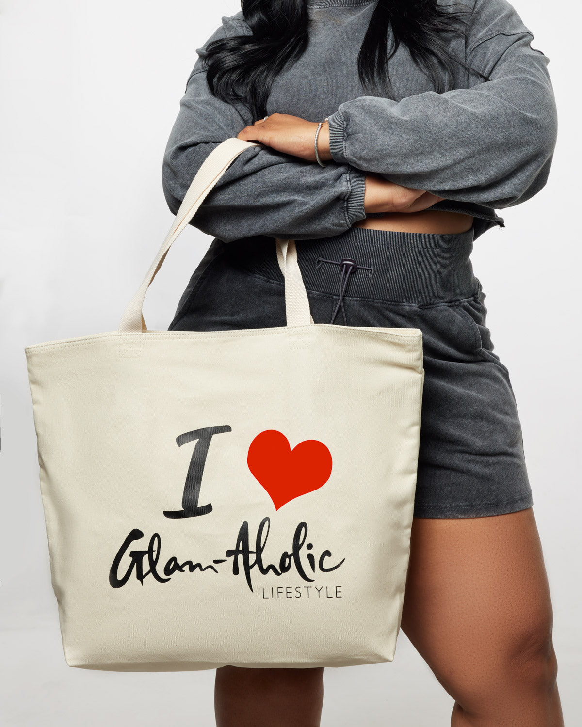 Red canvas tote bag featuring "I Love Glam-Aholic Lifestyle" logo, perfect for stylish and affordable luxury.