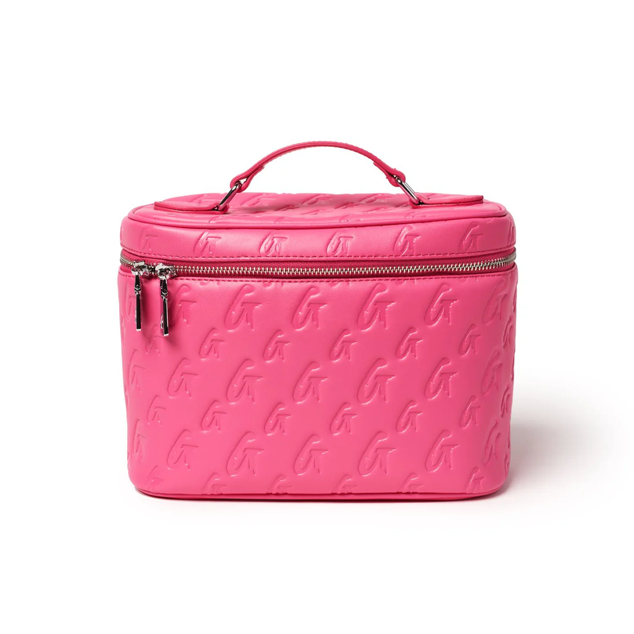 Hot pink large monogram toiletry bag with a zippered closure and top handle, perfect for organizing beauty essentials.