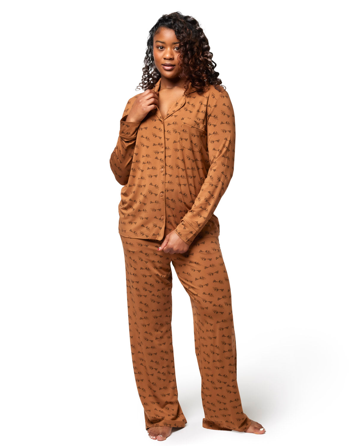 Brown signature pajamas set featuring a long-sleeve top and matching pants, designed for comfort and style.