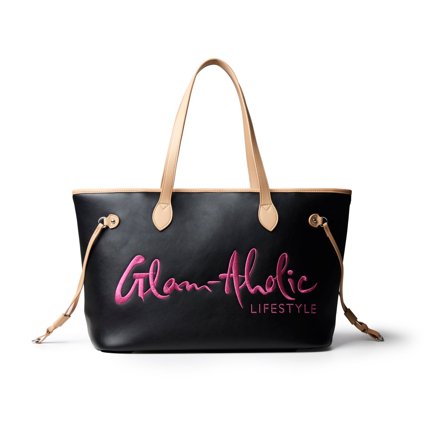 Stylish black tote bag with pink Glam-Aholic Lifestyle logo and beige handles, perfect for everyday use.