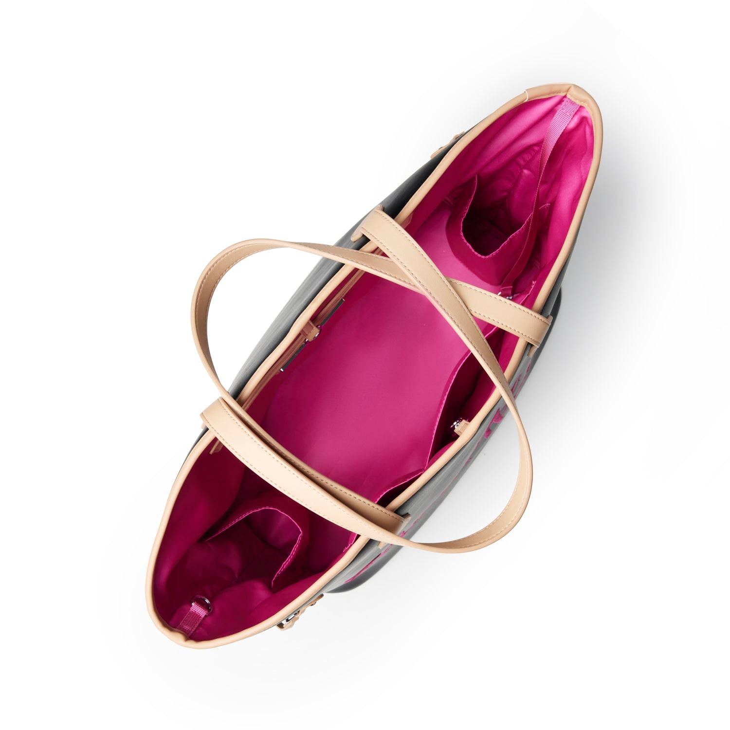 Spacious black tote bag with pink interior and dual handles, perfect for stylish everyday use.