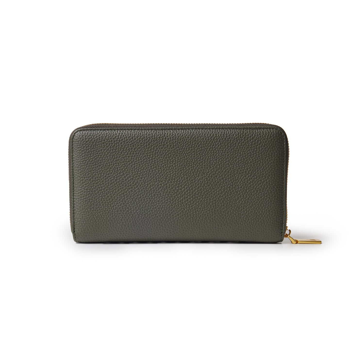Olive green jumbo pebble leather wallet with a gold zipper and textured surface, designed for stylish organization.