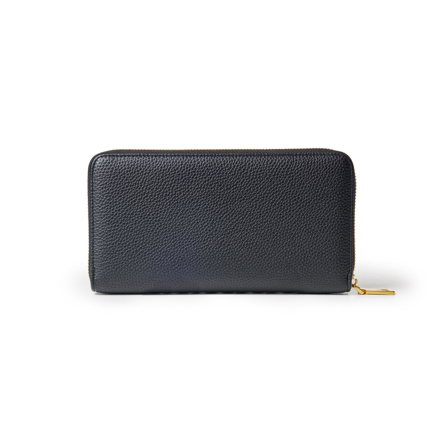Black jumbo pebble leather wallet with a gold zipper, rectangular shape, and textured surface.