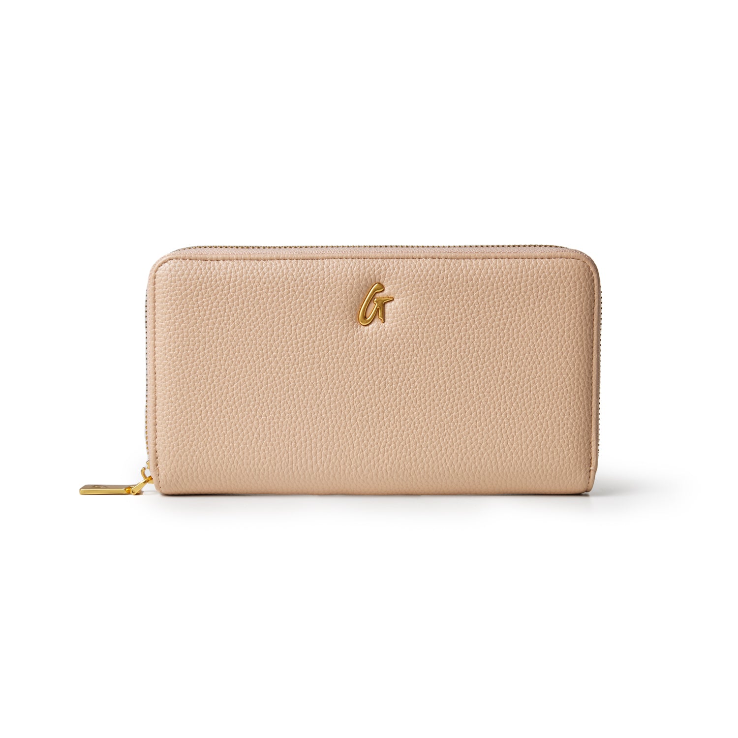 Nude jumbo pebble wallet featuring a textured finish and gold logo, designed for stylish organization and convenience.