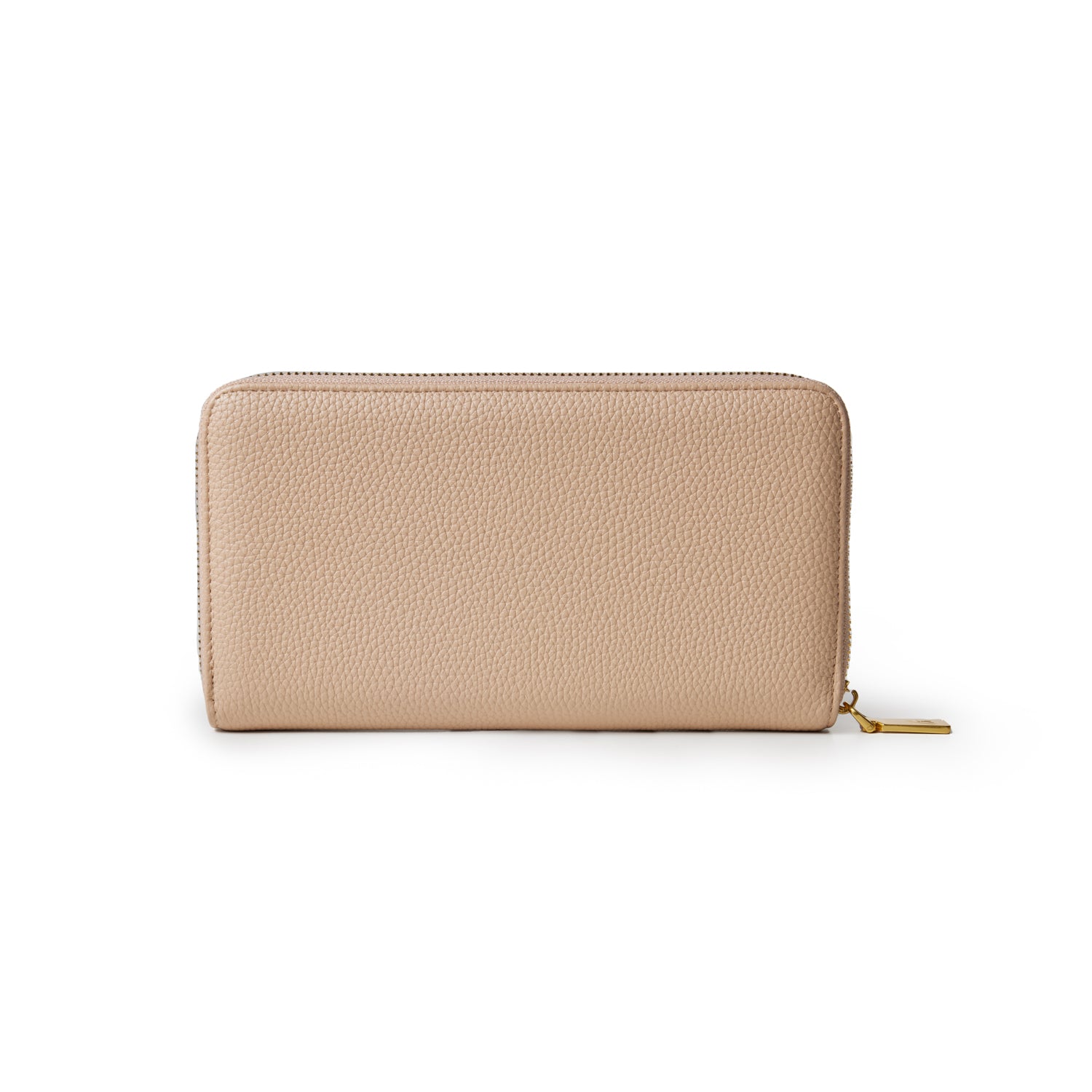 Jumbo pebble wallet in nude color with textured leather, gold zipper pull, and spacious design.