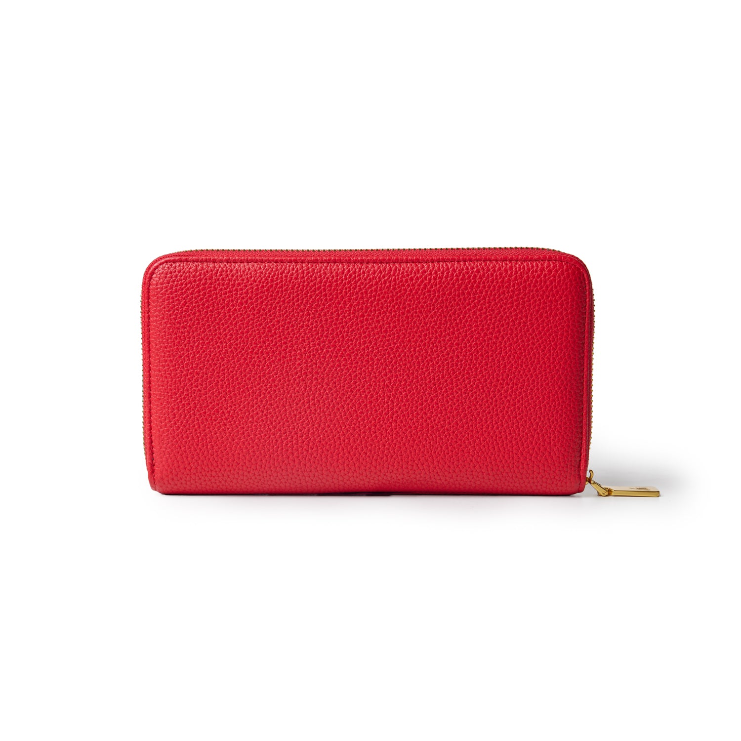 Red jumbo pebble leather wallet with a gold zipper, rectangular shape, textured surface, and minimalist design.