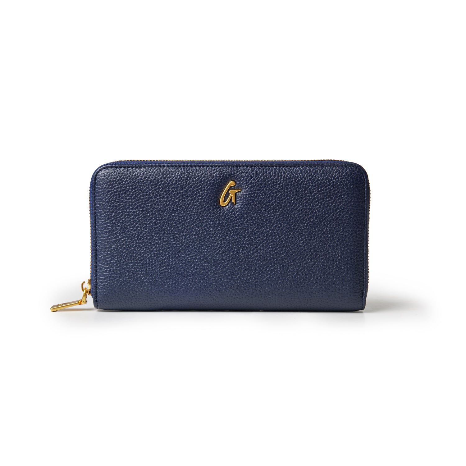 Navy jumbo pebble wallet featuring a textured exterior and a gold logo, ideal for stylish organization.