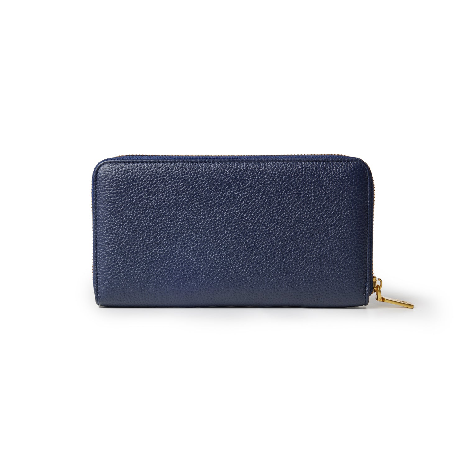 Navy blue jumbo pebble leather wallet with a gold zipper, rectangular shape, and textured surface.