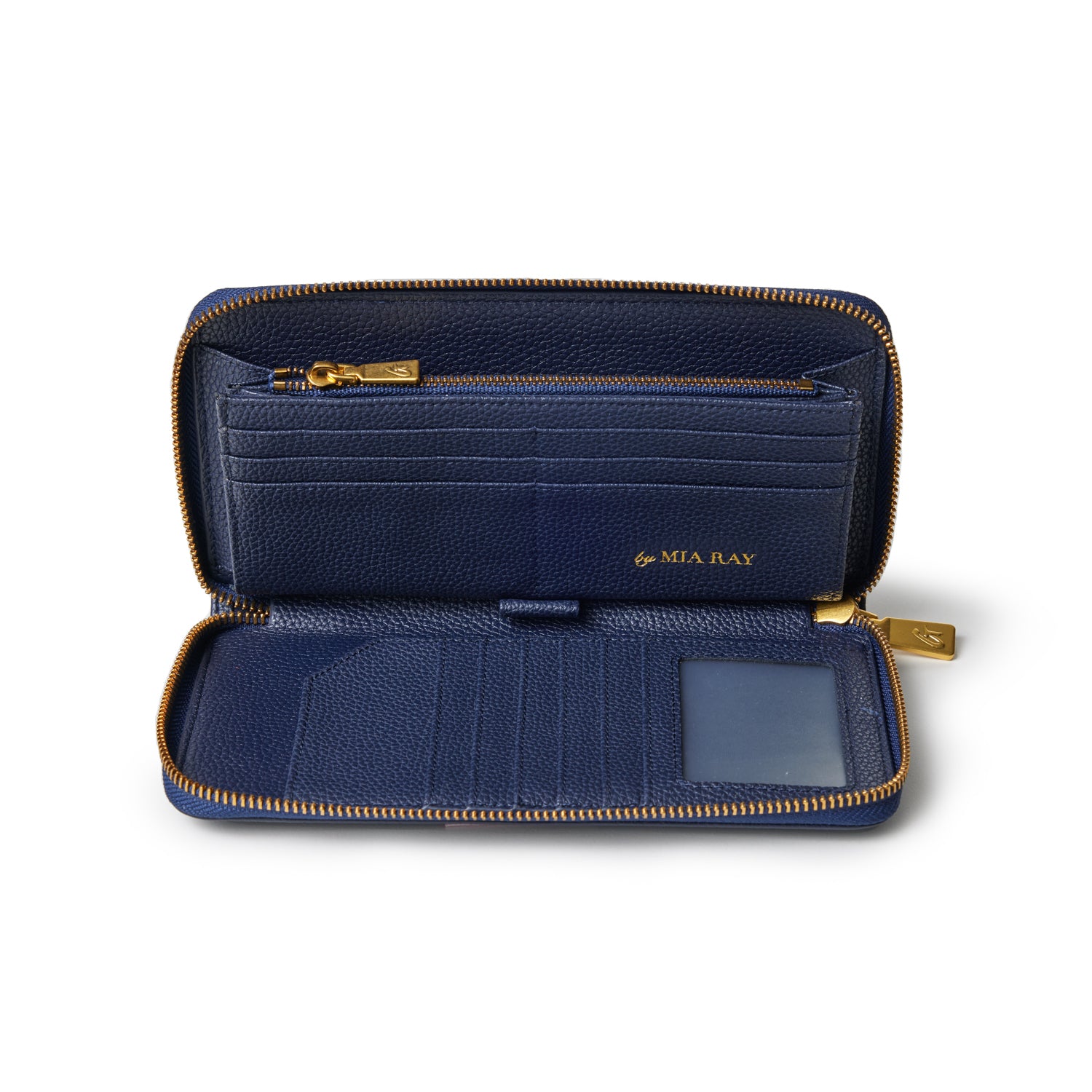 Open navy blue pebble leather wallet with multiple card slots, a clear ID window, and gold zipper details.