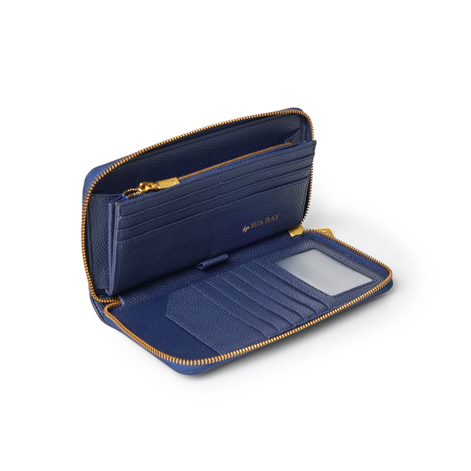 Open navy blue pebble leather wallet with multiple card slots, a clear ID window, and gold zipper details.