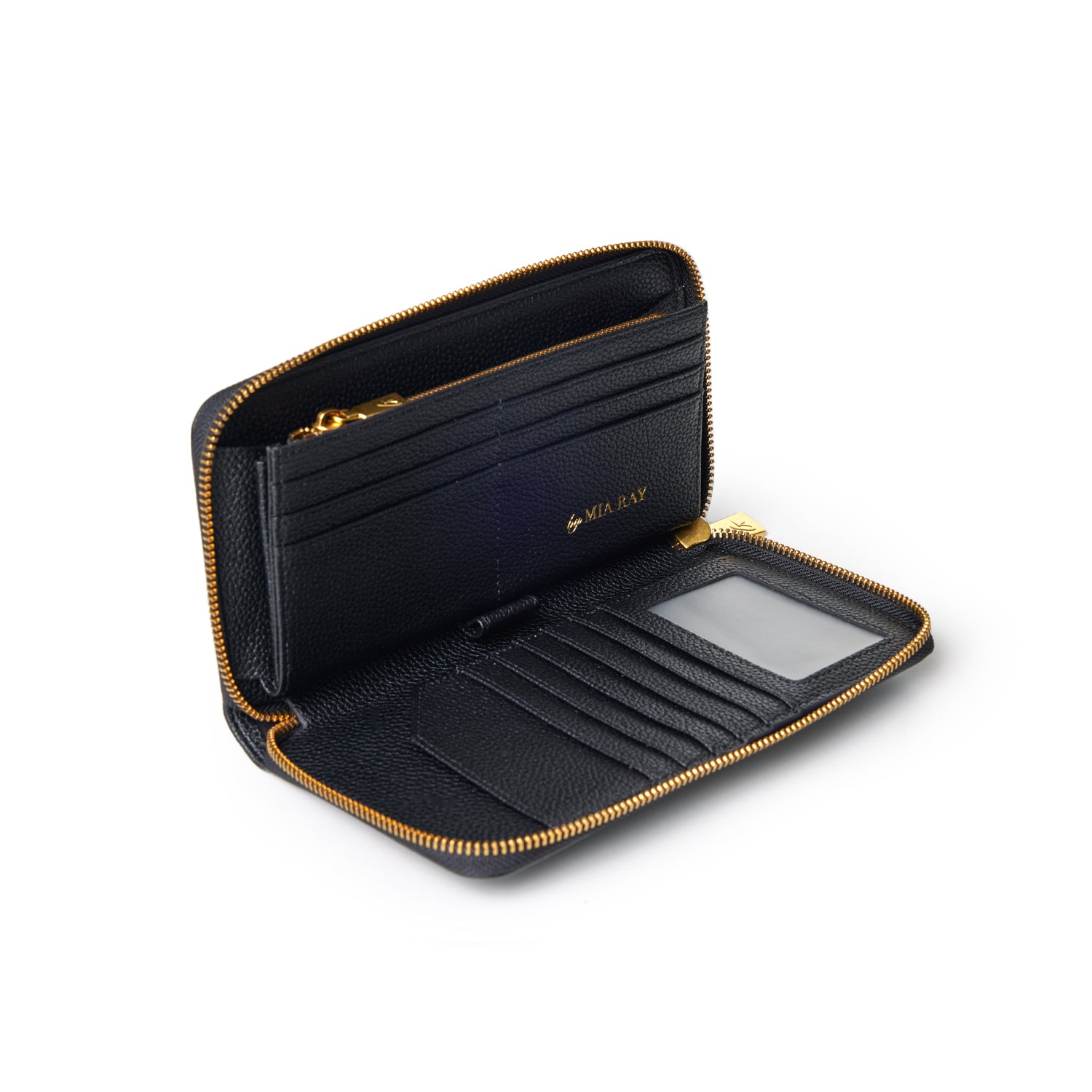 Black jumbo pebble wallet with multiple card slots, a clear ID window, and a gold zipper, open to show interior compartments.