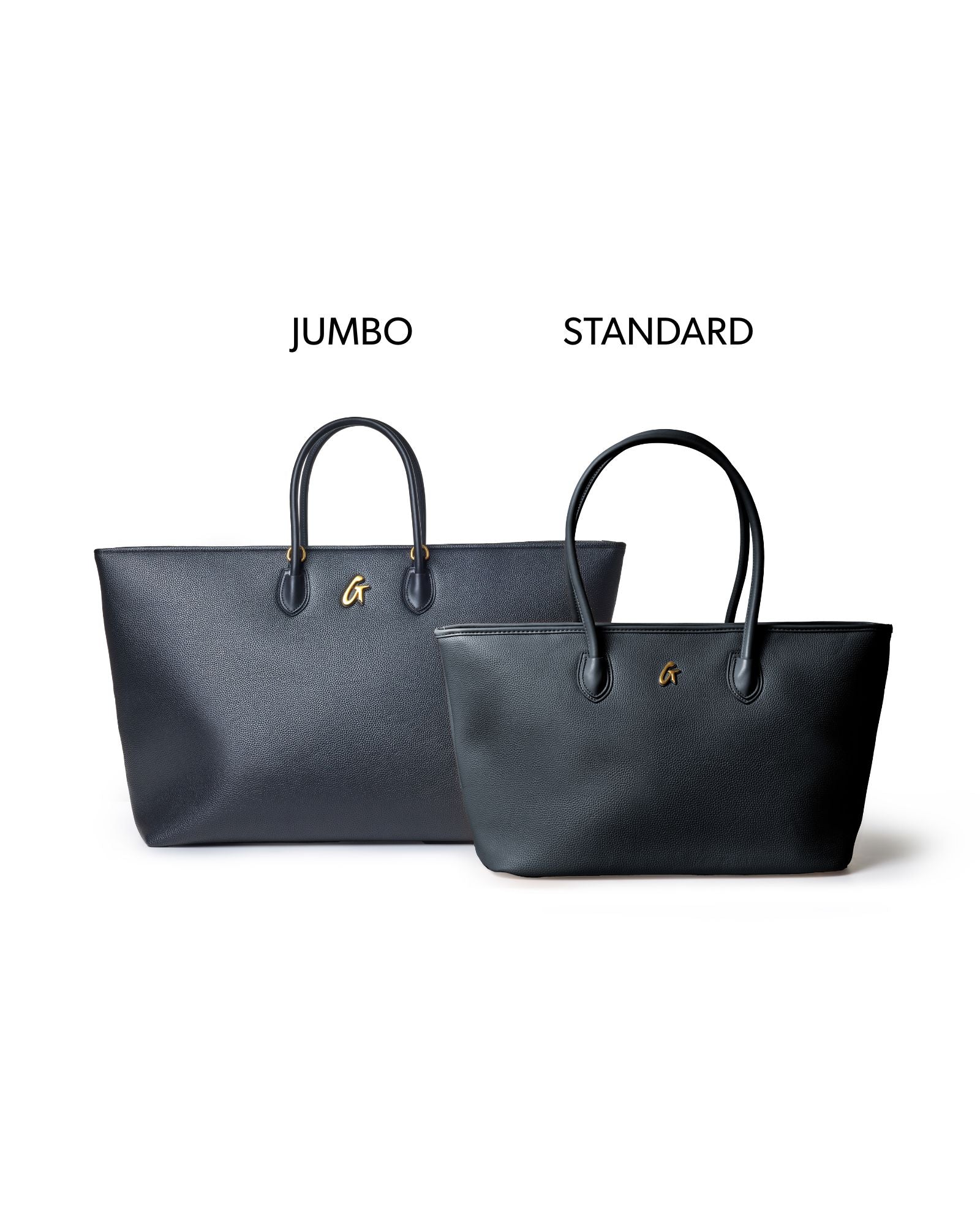 Jumbo black pebble tote bag displayed alongside a standard size tote, showcasing their size difference and elegant design.
