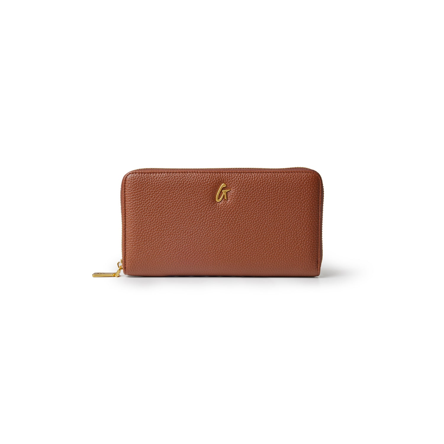 Brown STANDARD PEBBLE WALLET featuring a textured finish and a gold logo, ideal for everyday use and organization.