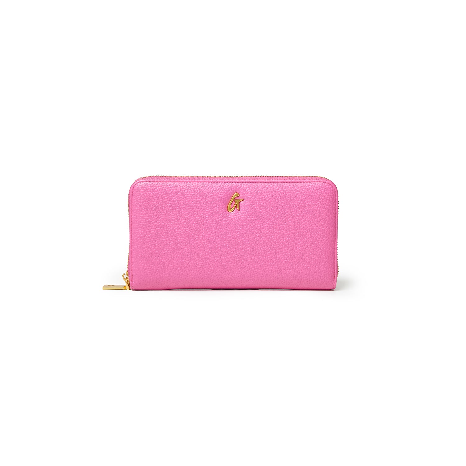 Hot pink pebble wallet with a textured finish and gold logo, featuring a zip closure for secure storage.