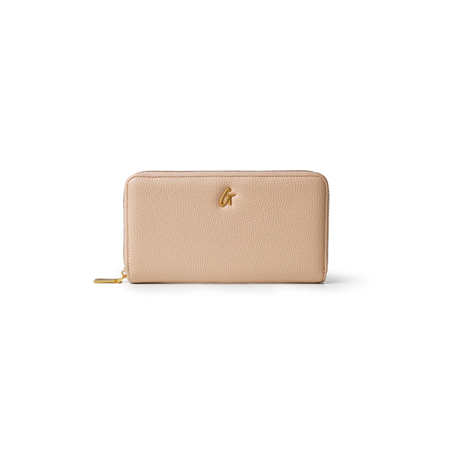 Nude pebble wallet featuring a textured finish and gold logo, designed for stylish organization and convenience.