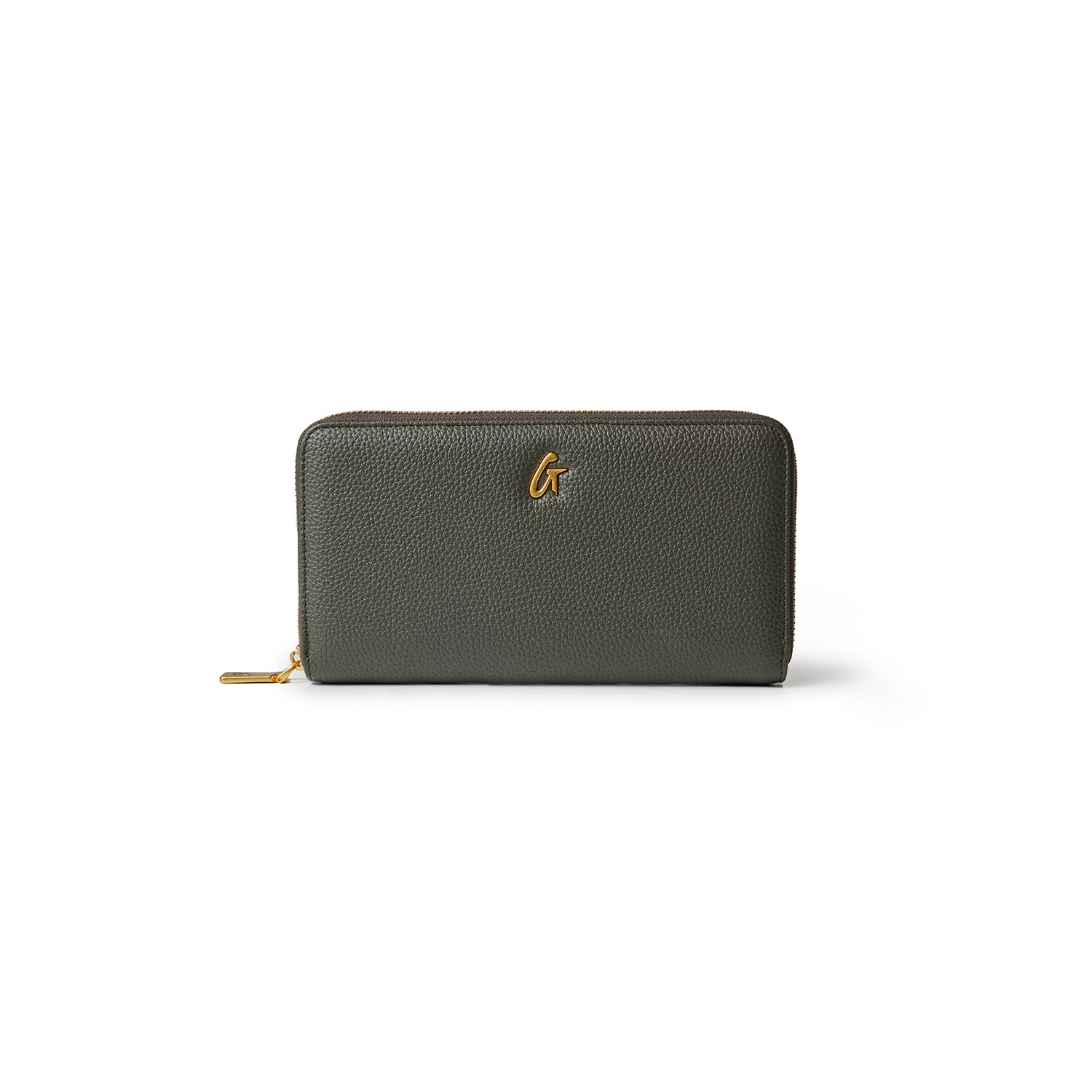 Olive green pebble wallet featuring a textured finish and a gold logo on the front, designed for stylish organization.