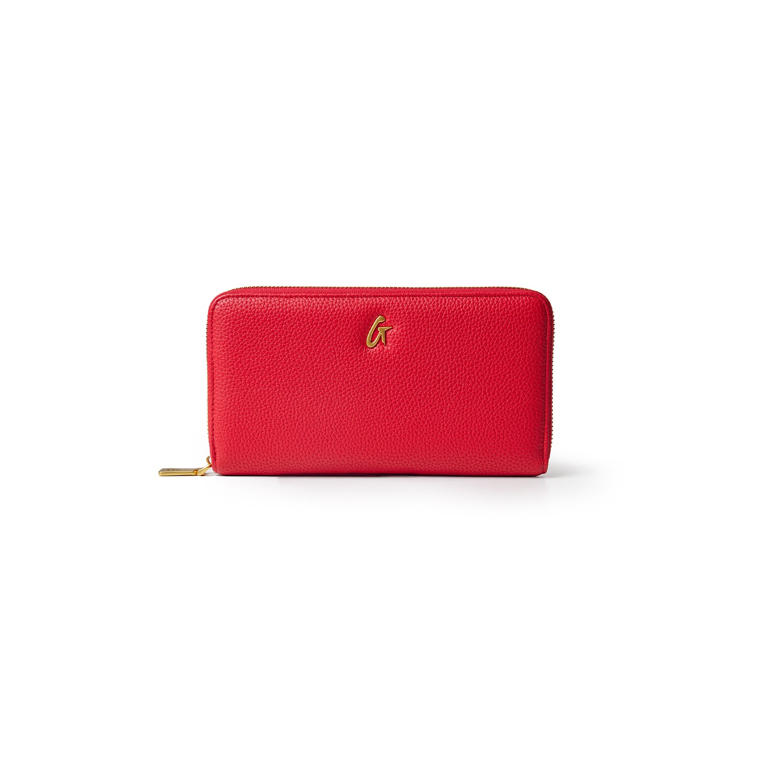 Red STANDARD PEBBLE WALLET featuring a textured finish and gold logo, ideal for organizing cards and cash.