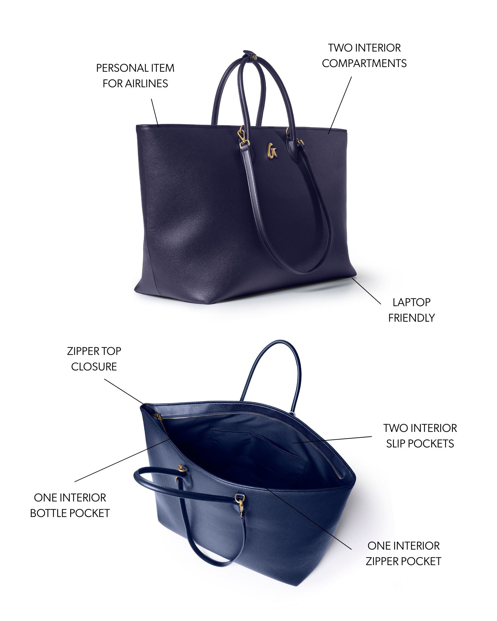 Navy jumbo pebble tote bag featuring a zipper top closure, laptop-friendly design, and multiple interior pockets.