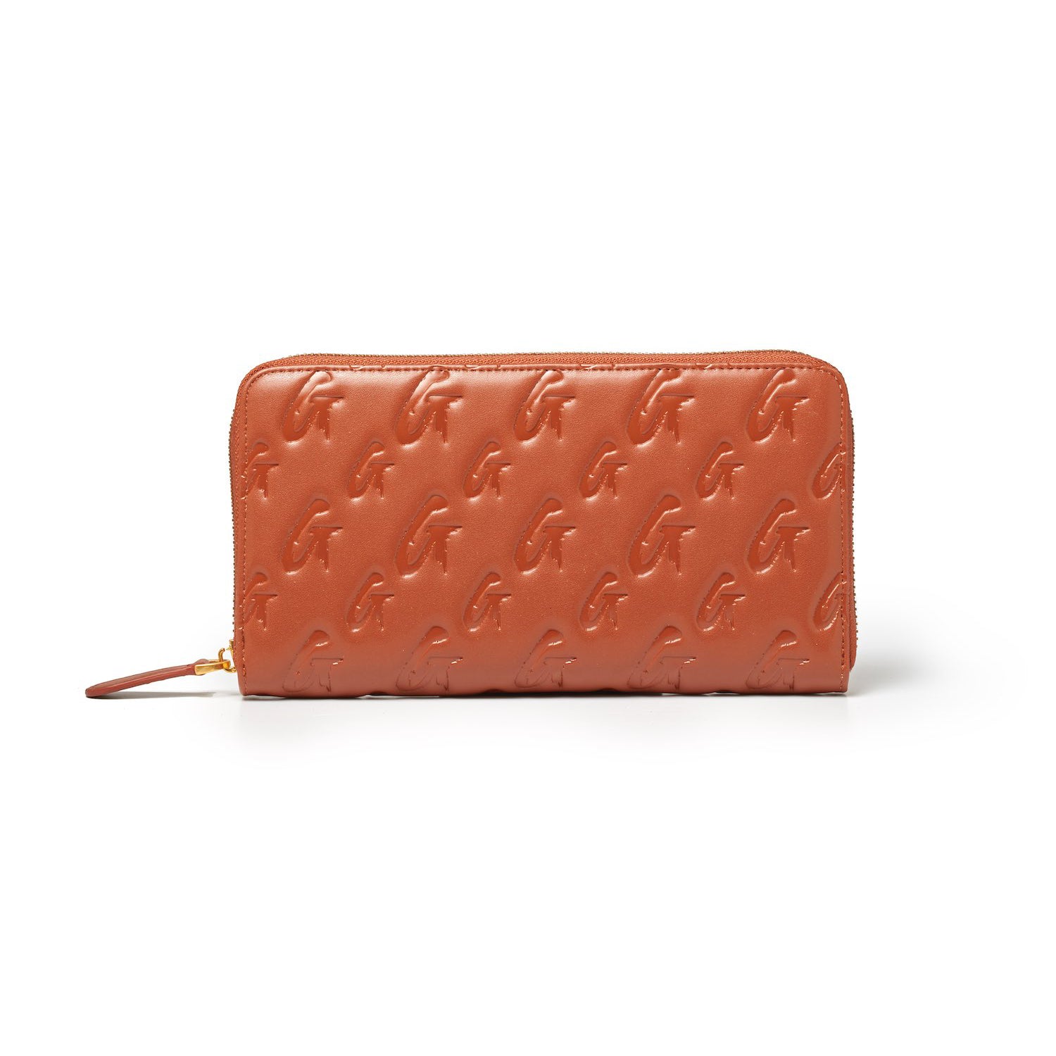 Brown jumbo monogram wallet with embossed G logo pattern, zip-around closure, and leather pull tab.