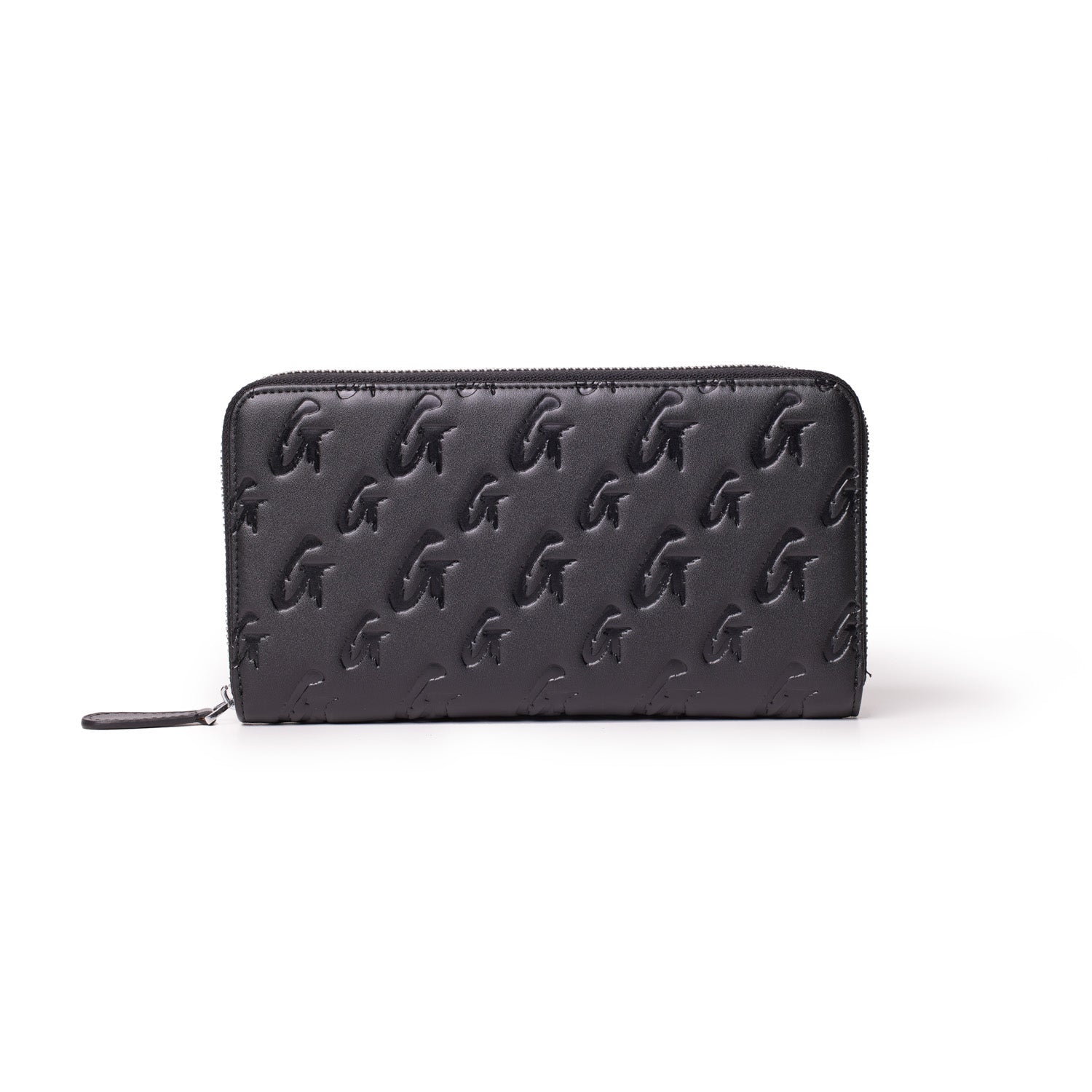 Black matte wallet with embossed jumbo monogram G pattern, zip-around closure, and sleek design.