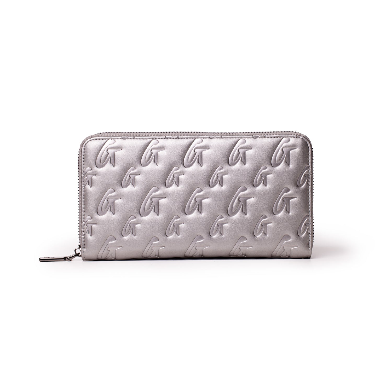 Platinum jumbo monogram wallet with embossed G pattern, silver color, zip-around closure, sleek and spacious design.