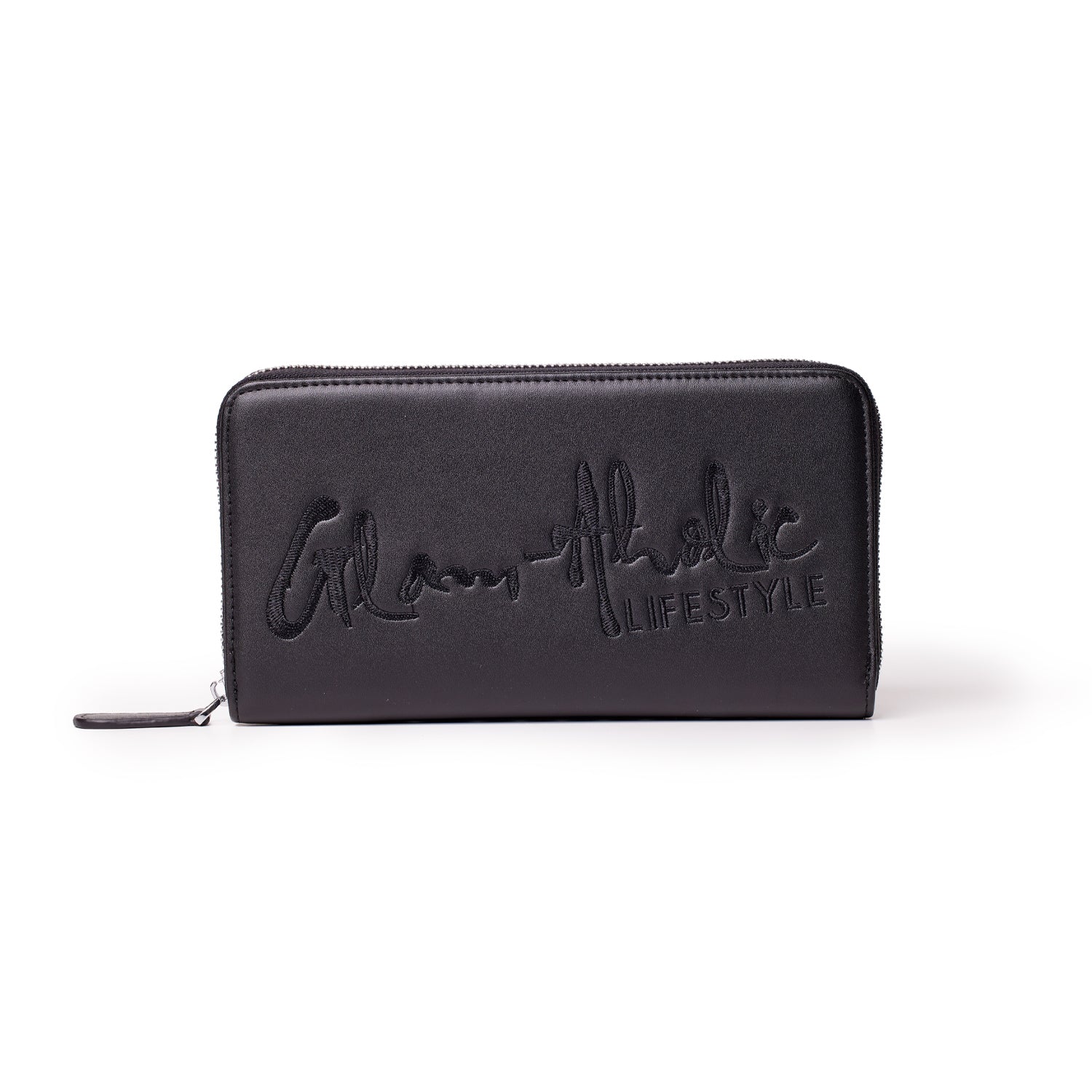 Black zip-around wallet with "Glam Attic Lifestyle" embroidered in large, stylish script on the front.